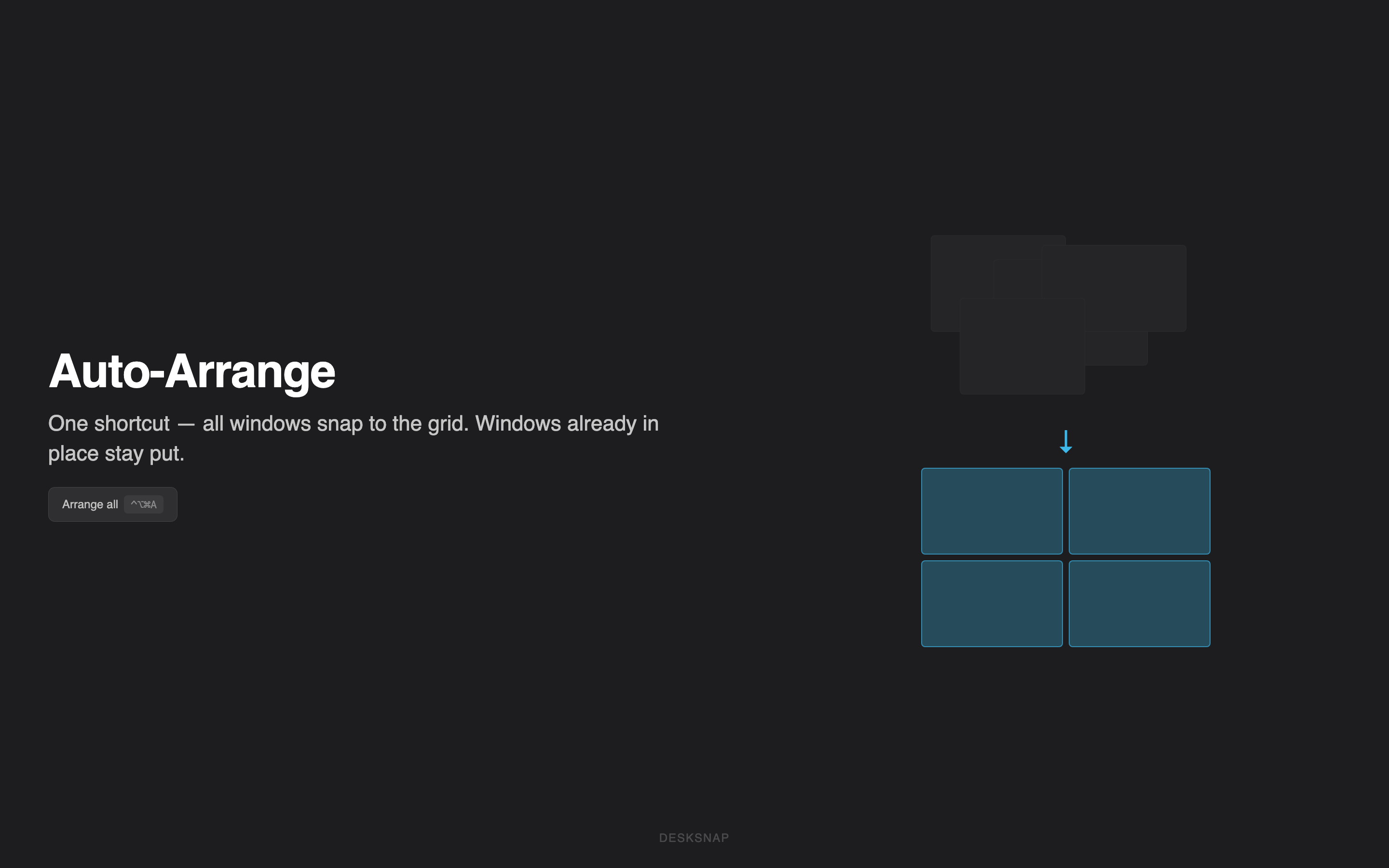 Auto-Arrange: chaotic windows snap into a perfect 2x2 grid