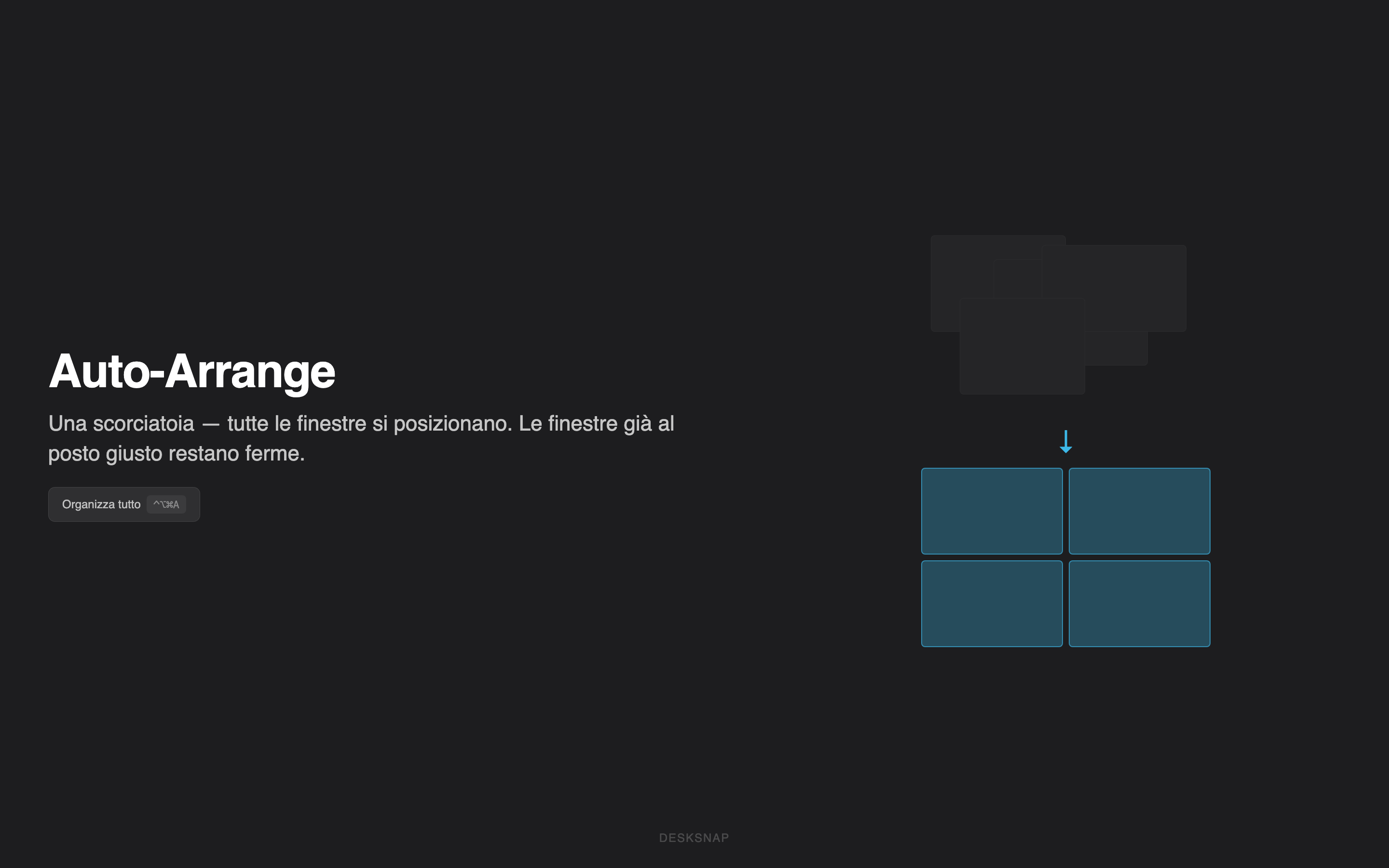Desksnap Auto-Arrange: finestre caotiche si allineano in una griglia perfetta con una scorciatoia